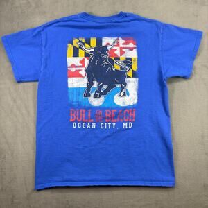 Ocean City, MD "Bull on the Beach" T-Shirt Men's Medium Blue Cotton Short Sleeve